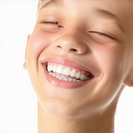 Teenager smiling with properly fitted aligners demonstrating good tracking