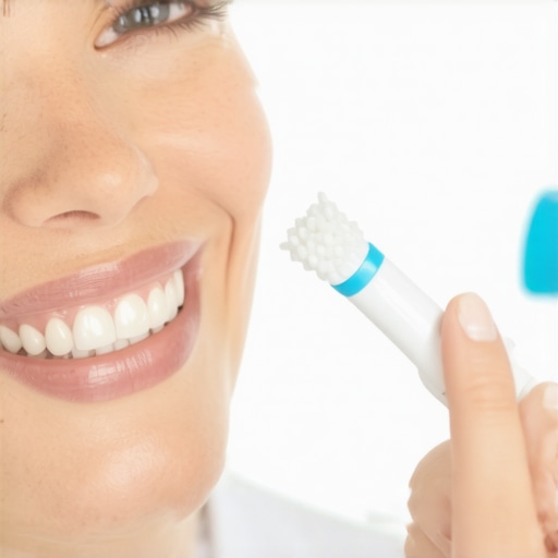 Person brushing teeth with an electric toothbrush in a clean, modern bathroom setting