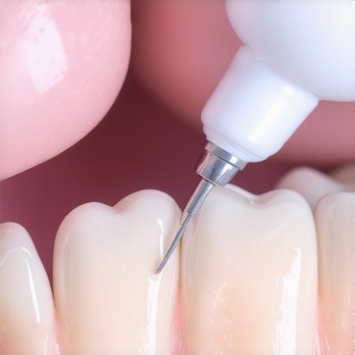 Dentist carefully bonds a porcelain veneer to a patient's tooth using a curing light.