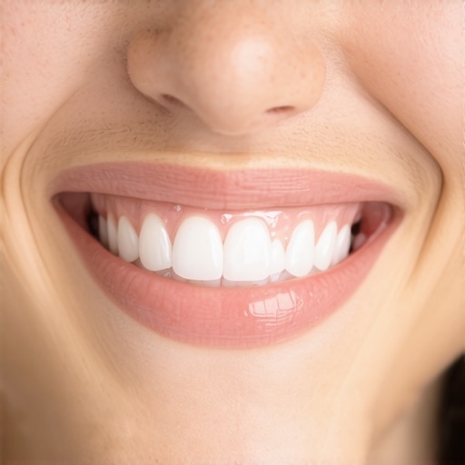 Smiling woman with white teeth after professional cleaning.