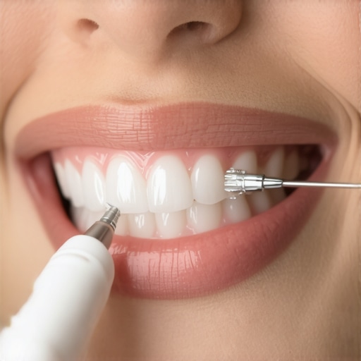 A dentist demonstrating cleaning around orthodontic attachments using interdental brushes and water flosser.