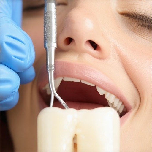 Close-up of a dentist gently inspecting a loose tooth in a patient's mouth.