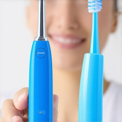 Person demonstrating use of sonic toothbrush and water flosser for oral health