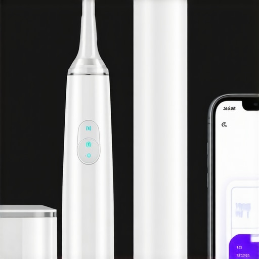 Close-up of a water flosser, electric toothbrush, and smartphone displaying a dental care app for oral health management.