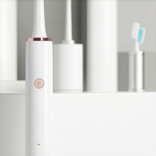 Modern electric toothbrush, water flosser, and UV sterilizer sitting on a bathroom counter, ready for daily use.