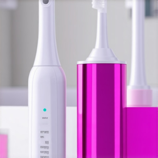 Electric toothbrush with pressure sensors and a water flosser on a bathroom counter, highlighting effective dental care devices.