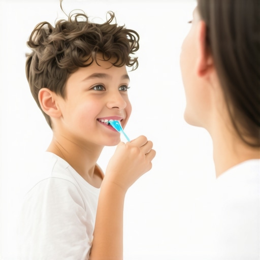Teenager and parent practicing oral care together in bathroom