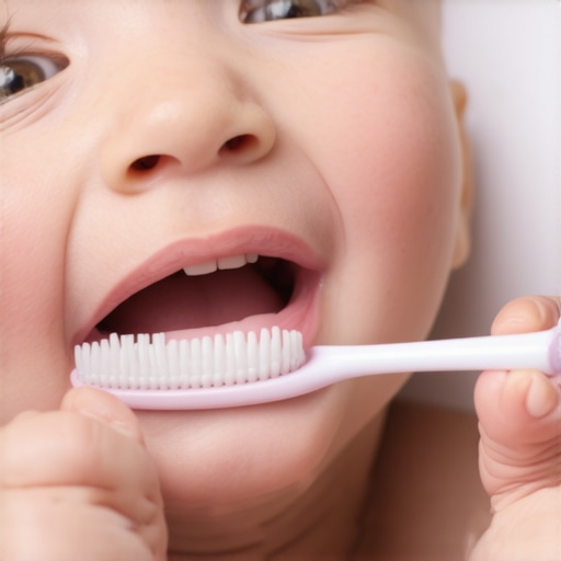 Parent softly brushing baby's gums with a child toothbrush