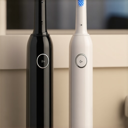 Modern electric toothbrush and water flosser on a bathroom counter demonstrating advanced oral care technology.