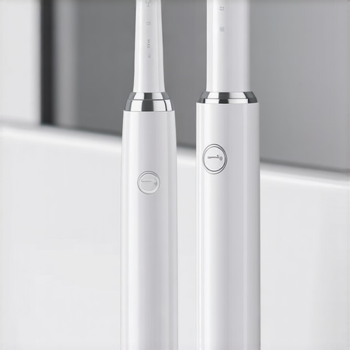 A high-tech electric toothbrush and water flosser on a bathroom countertop, demonstrating advanced oral health maintenance tools.