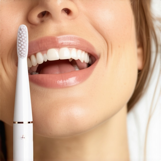 Person brushing teeth with a smart electric toothbrush and smartphone app