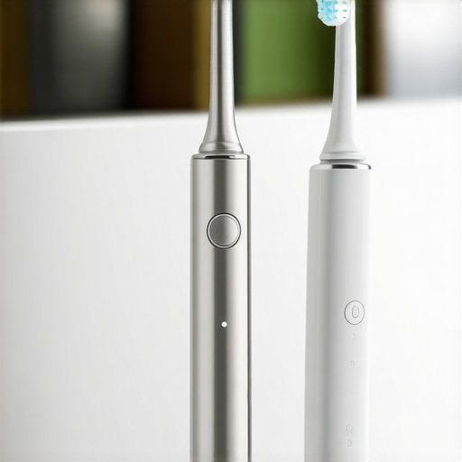Electric toothbrush and water flosser ready for use on bathroom counter