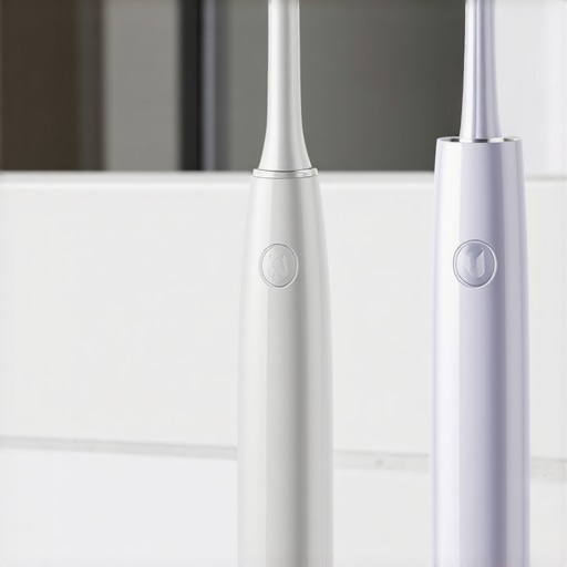 Electric toothbrush and water flosser arranged neatly on a bathroom counter demonstrating effective oral hygiene tools.