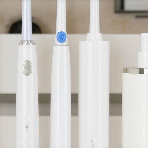 A clean and organized set of dental tools including an electric toothbrush, water flosser, and mouthwash on a bathroom countertop.