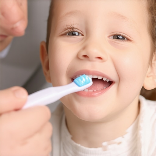 Parent guiding child on proper brushing technique