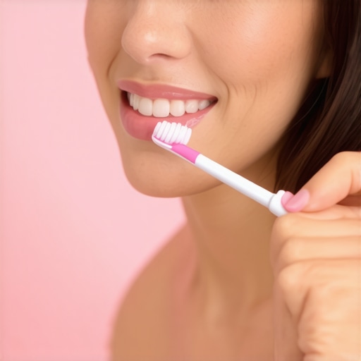 Pregnant woman brushing her gums gently with a soft toothbrush