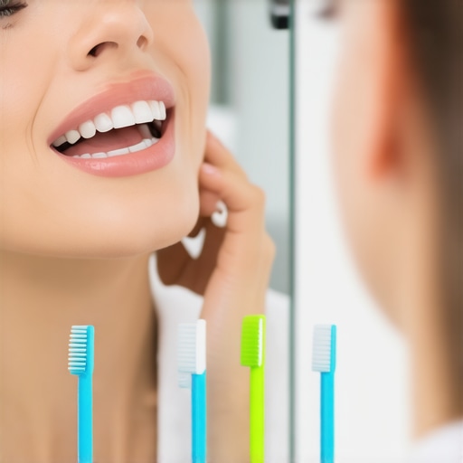 Person demonstrating how to brush teeth correctly in front of mirror