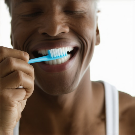 A person properly brushing and flossing teeth in a bathroom setting.