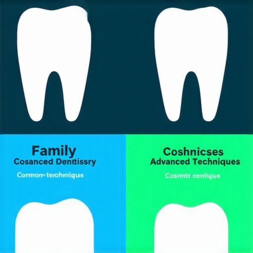 Infographic illustrating family versus cosmetic dentistry with key points and misconceptions