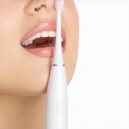 Person brushing teeth with a sleek sonic toothbrush in a bright bathroom