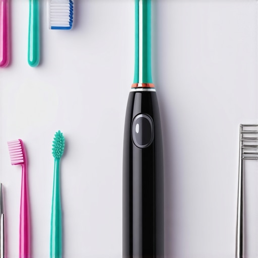 Advanced Dental Maintenance Tools Electric toothbrush and flossing tools arranged neatly for oral care.
