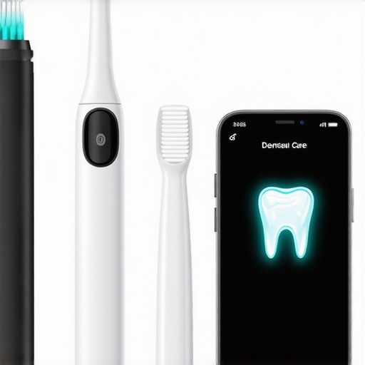 Advanced Dental Tools for Healthy Smiles Close-up of a sonic toothbrush, water flosser, and a smartphone showing a dental app.