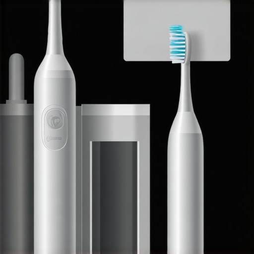 Close-up of a water flosser and sonic toothbrush on a bathroom counter, showcasing modern dental care equipment.