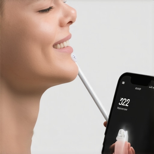 Person brushing teeth with a modern sonic toothbrush connected to a smartphone app.
