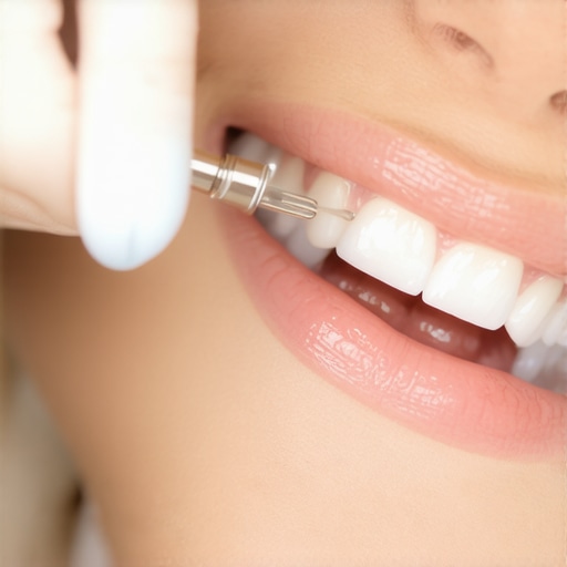 Dental hygienist demonstrating ultrasonic teeth cleaning device