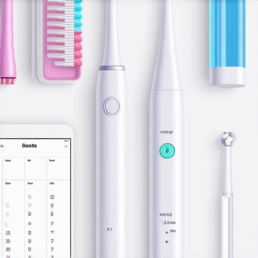 Sonic toothbrush, water flosser, and a digital dental appointment system arranged on a clean countertop.