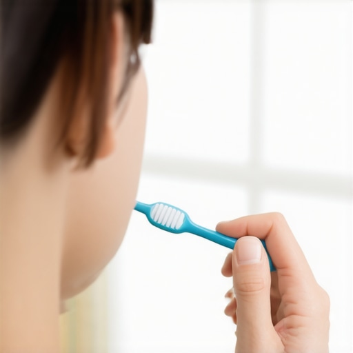 Person using a small brush to carefully apply desensitizing toothpaste on teeth in a bathroom.