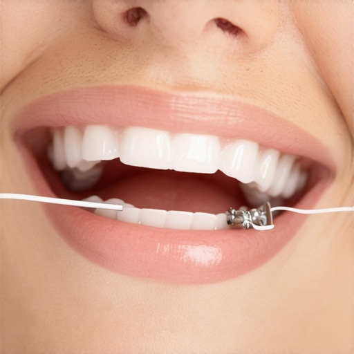 A person flossing around a dental crown to prevent dislodgement