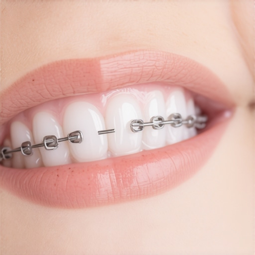 A child's mouth with orthodontic assessment tools and appliances highlighting early intervention techniques.