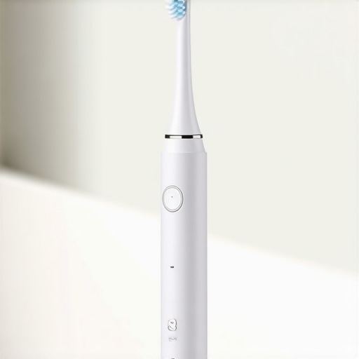A colorful electric toothbrush designed for children sitting on a bathroom counter