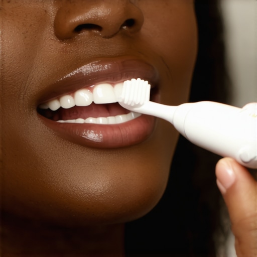 Person brushing teeth with an electric toothbrush using proper, gentle circular motions