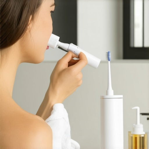 Effective at-home oral hygiene tools Person using an electric toothbrush and water flosser for dental care