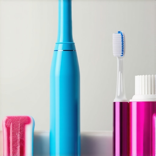 Essential Dental Tools for Better Oral Health A set of professional-grade electric toothbrush, water flosser, and xylitol gum on a bathroom counter