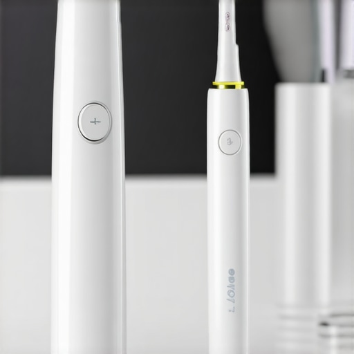 A collection of modern dental care tools including an electric toothbrush, water flosser, and whitening pen on a bathroom counter.