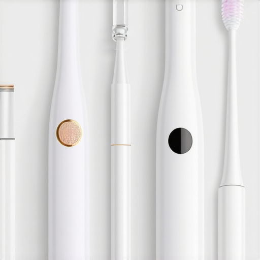 A set of advanced dental hygiene devices including an electric toothbrush, water flosser, fluoride rinse, and intraoral scanner.