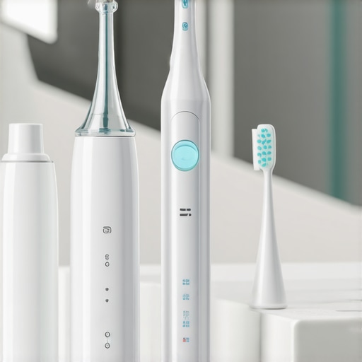 A set of professional-quality toothbrush, water flosser, and teeth whitening kit displayed on a bathroom counter.