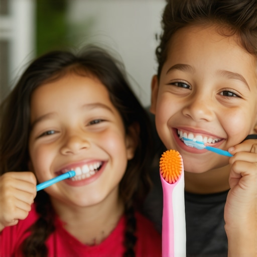 Family brushing teeth together in a bathroom