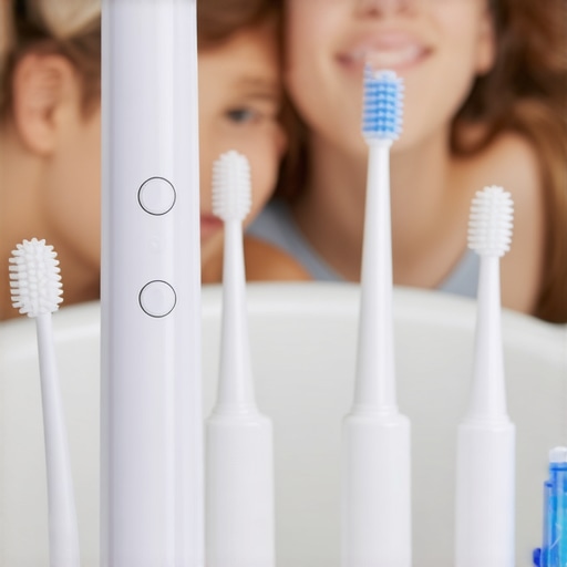 Family of four using electric toothbrush, floss, and water flosser together in bathroom for oral hygiene