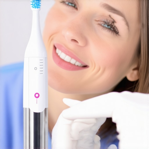 A dentist showing a family how to use ultrasonic scaler and pulsating toothbrush for oral hygiene.