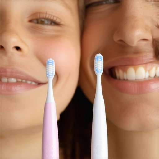 Family brushing teeth together with electric toothbrushes and floss for healthy smiles