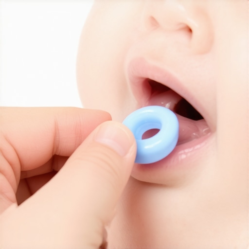Parent gently massaging baby's gums during teething with a chilled teething ring on the side.