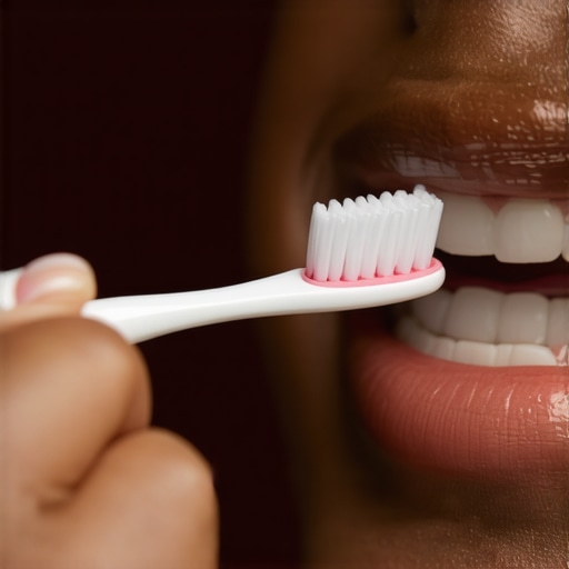 Person gently brushing gums with soft toothbrush to demonstrate proper technique