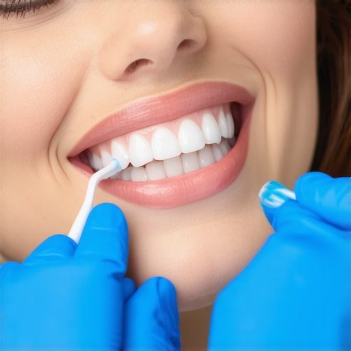 A dentist guiding a patient on proper gentle brushing with a soft toothbrush