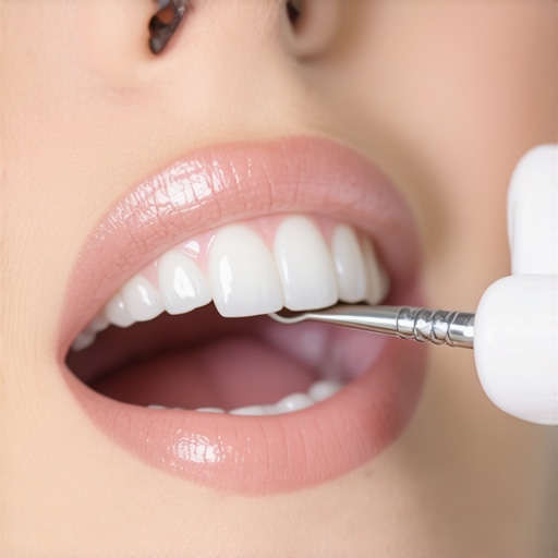 Dentist carefully removing dark pigmentation from patient's gums during cosmetic procedure
