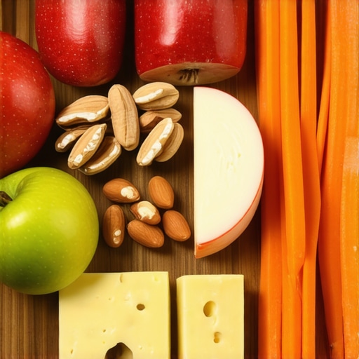Assorted healthy snacks including apples, carrots, cheese, and nuts on a wooden surface.