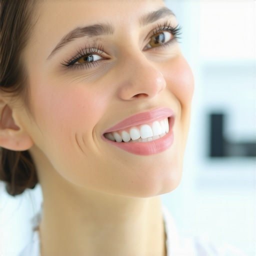 A dentist applying whitening gel on a patient's teeth using a special curing light in a clinical setting.